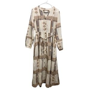 Wonderly Embroidered Button Front Dress Boho Chic Geometric Maxi Tie Waist Small